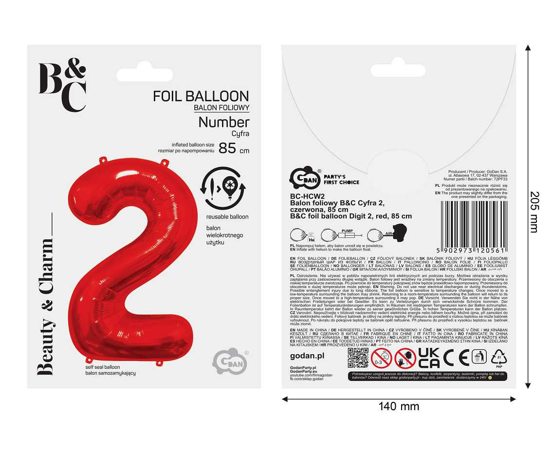 Foil balloon number 2, red, 85 cm